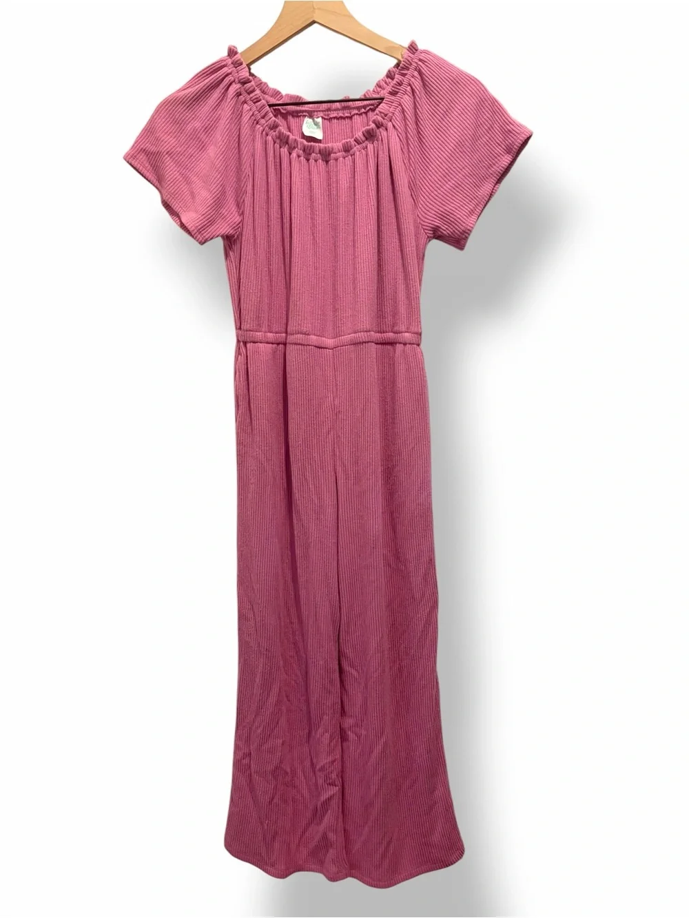 Pink Ribbed Wide Leg Jumpsuit Ruffle Neck Pockets Girls Sz 8 Medium